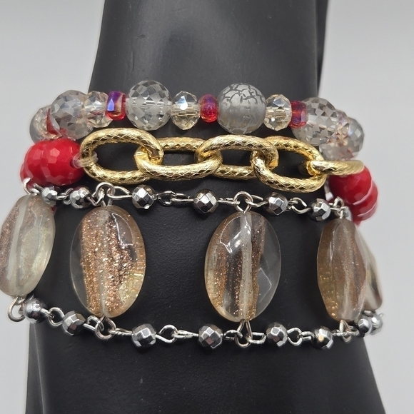 EIRMISH Women's 3 Stack Bracelet Set Red Gold Silver One Size - Picture 1 of 2
